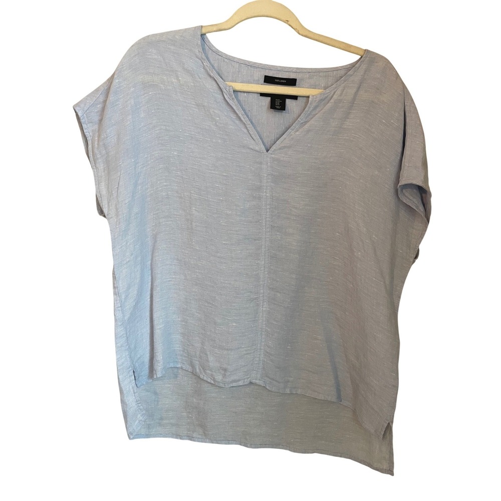 Tahari Womens Size M Blue Linen V-Neck Cap Sleeve Boxy Top Coastal Casual Beach